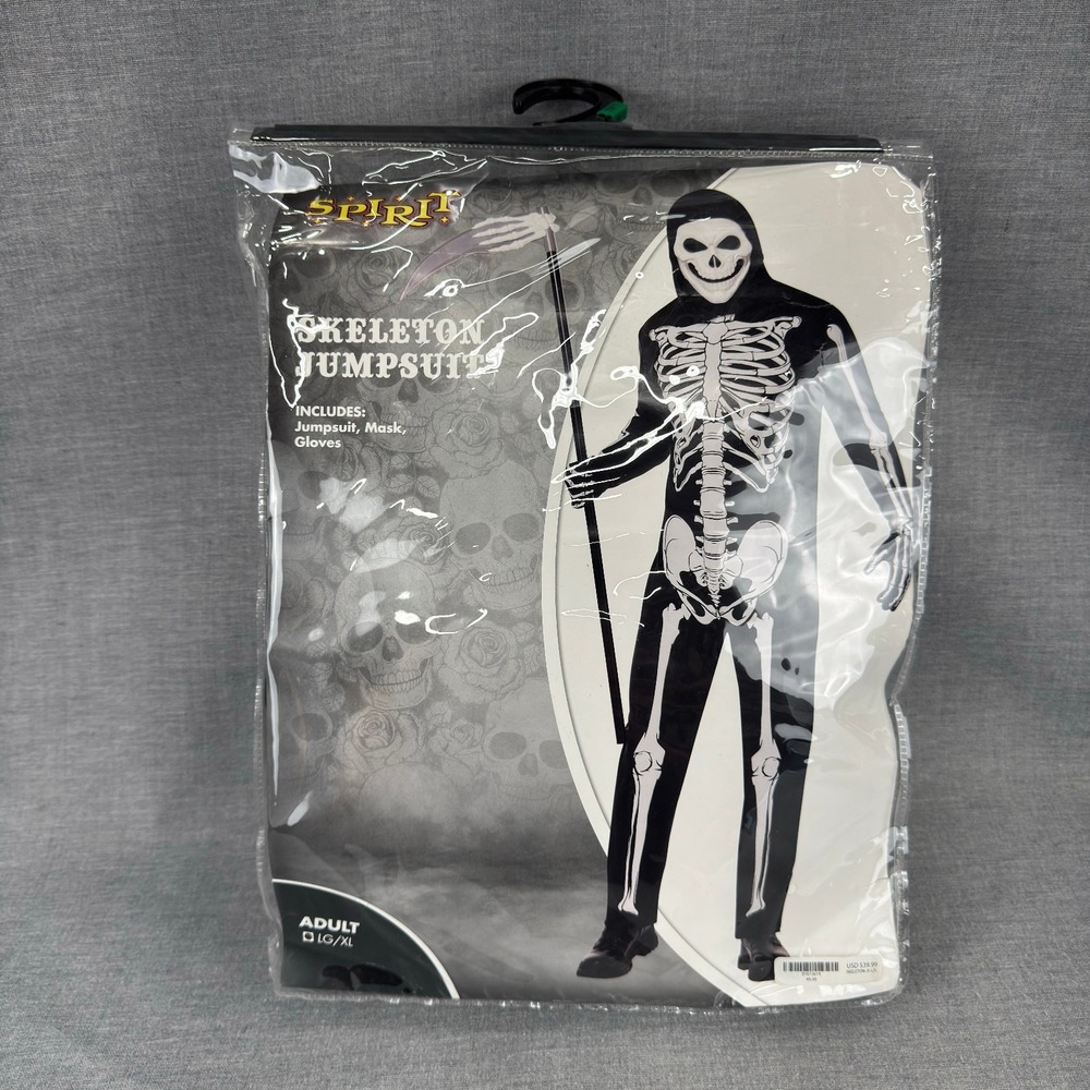 Spirit Halloween Skeleton Jumpsuit Adult Large XL Costume Mask Gloves